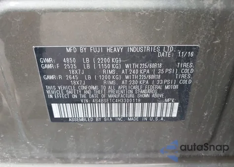 2017 Subaru Outback 3.6R Touring from USA, damaged, VIN 4S4BSETC4H3300118